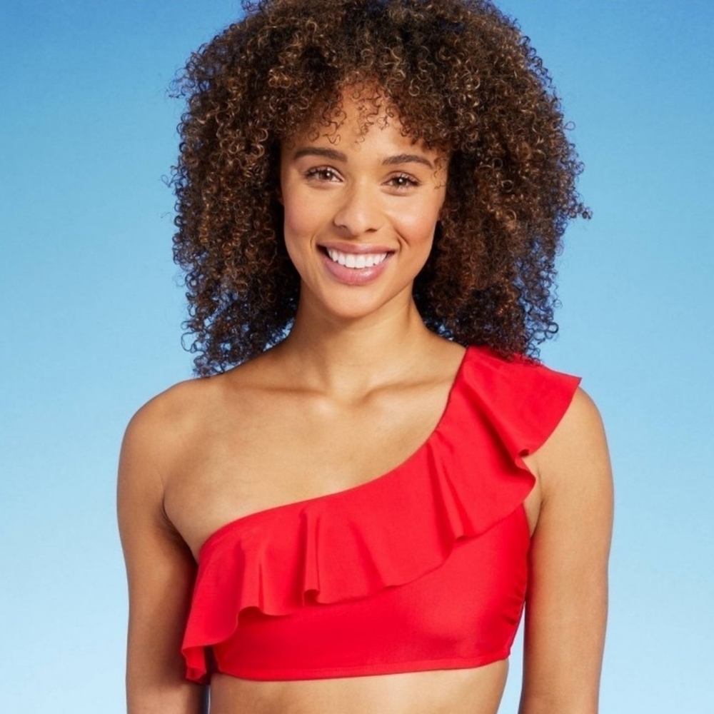 Red One-Shoulder Ruffle-lighly Padded- Bikini Top